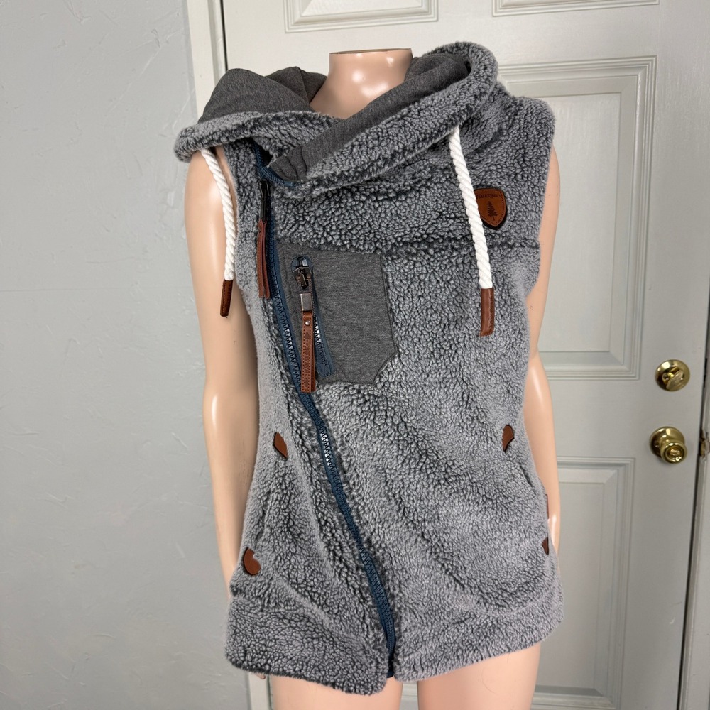 Naketano Women's Hoodie Small Sweatshirt Zip Gray Fleece Vest Sleeveless E4-22